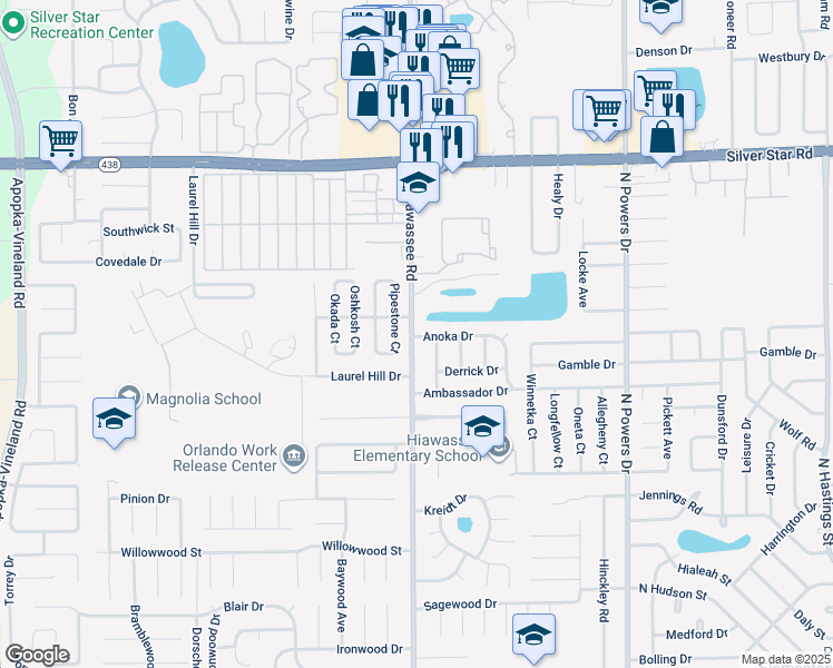 map of restaurants, bars, coffee shops, grocery stores, and more near 6917 Anoka Drive in Orlando