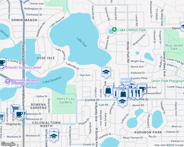 map of restaurants, bars, coffee shops, grocery stores, and more near 2221 Sue Avenue in Orlando
