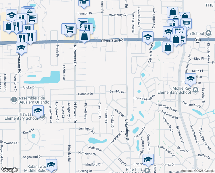 map of restaurants, bars, coffee shops, grocery stores, and more near 2251 Wolf Road in Orlando