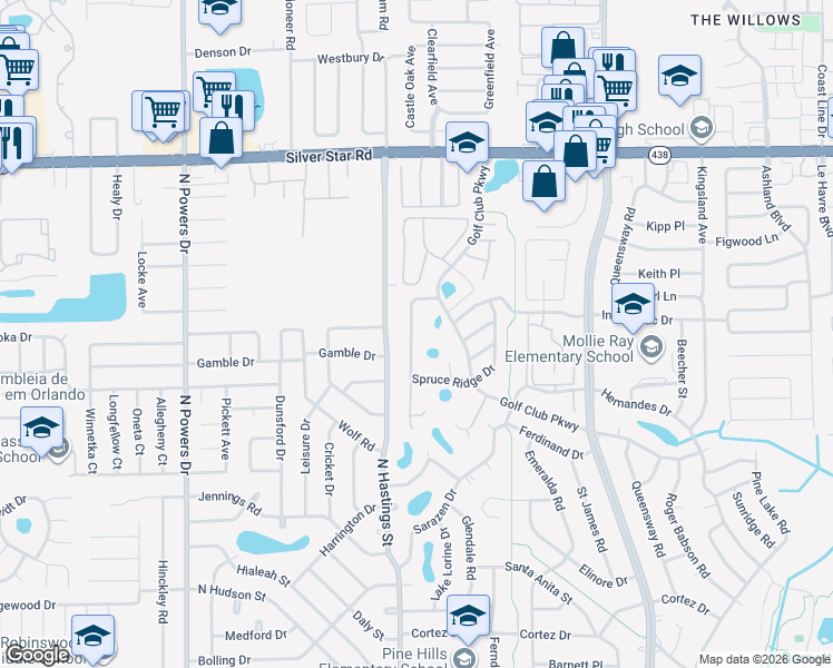 map of restaurants, bars, coffee shops, grocery stores, and more near 1541 Ridge Pointe Drive in Orlando