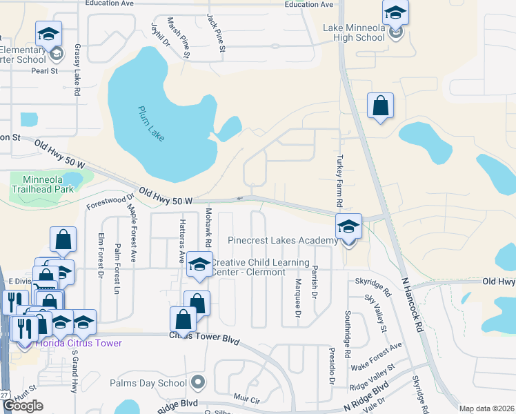 map of restaurants, bars, coffee shops, grocery stores, and more near 903 Arbor Hill Circle in Minneola