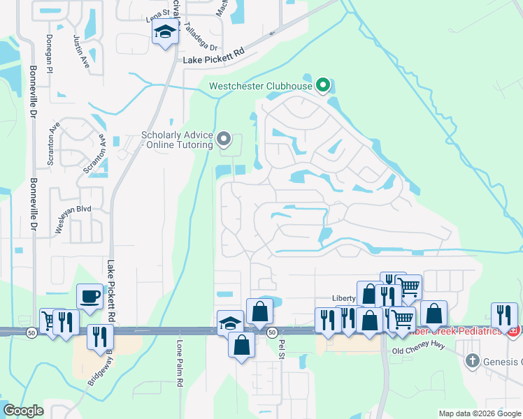 map of restaurants, bars, coffee shops, grocery stores, and more near 14200-14302 Augusta Road in Orlando