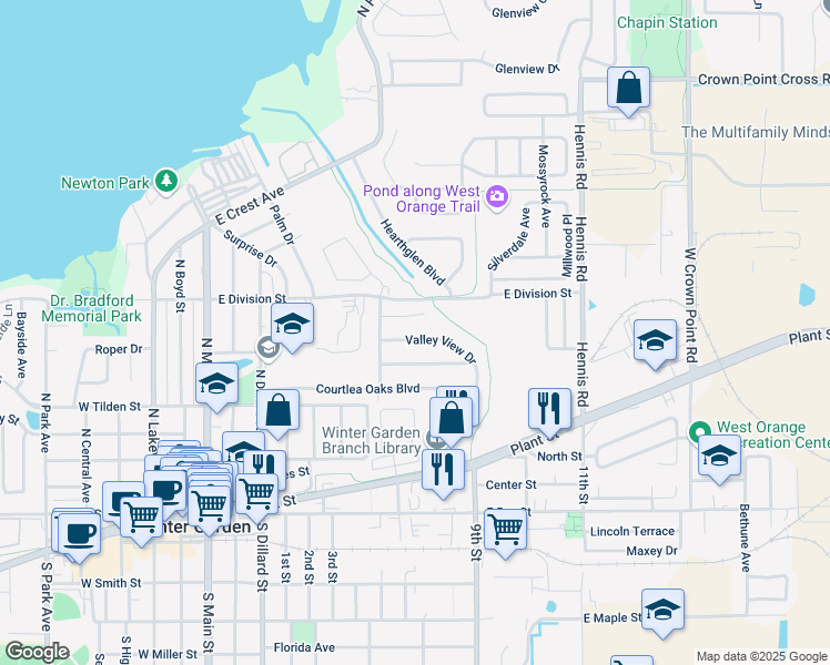 map of restaurants, bars, coffee shops, grocery stores, and more near 438 Valley View Drive in Winter Garden