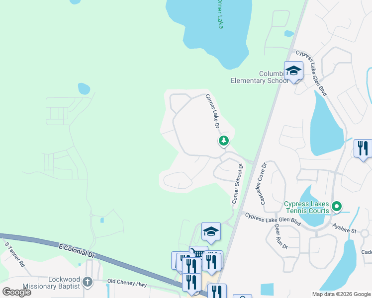 map of restaurants, bars, coffee shops, grocery stores, and more near 16675 Corner Lake Drive in Orlando