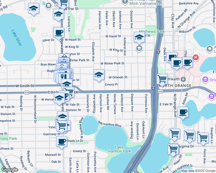map of restaurants, bars, coffee shops, grocery stores, and more near 232 Emory Place in Orlando