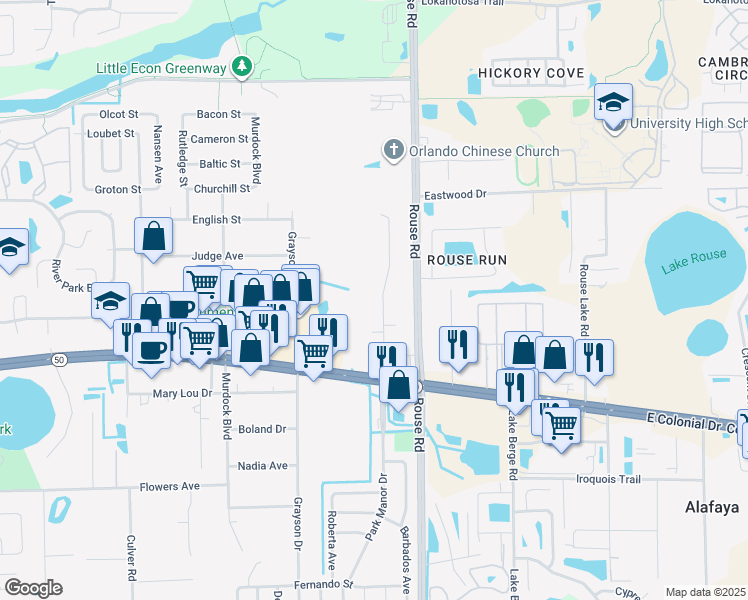 map of restaurants, bars, coffee shops, grocery stores, and more near 1920 Park Manor Drive in Orlando