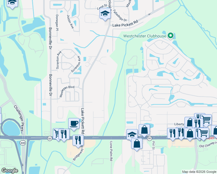map of restaurants, bars, coffee shops, grocery stores, and more near 2181 Corbett Road in Orlando
