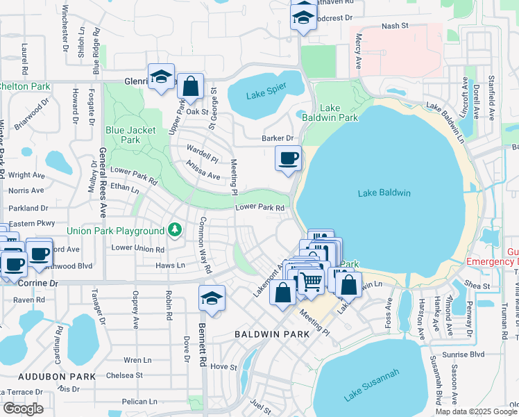 map of restaurants, bars, coffee shops, grocery stores, and more near 4460 Lower Park Road in Orlando