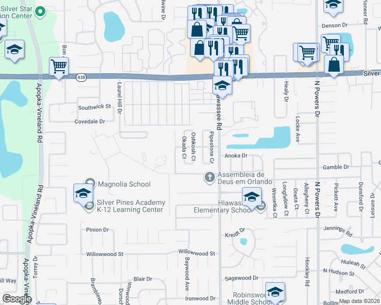 map of restaurants, bars, coffee shops, grocery stores, and more near 2250 Oshkosh Court in Orlando