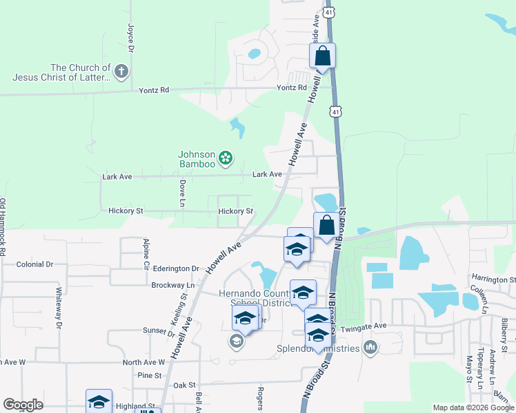 map of restaurants, bars, coffee shops, grocery stores, and more near 200 Hickory Street in Brooksville