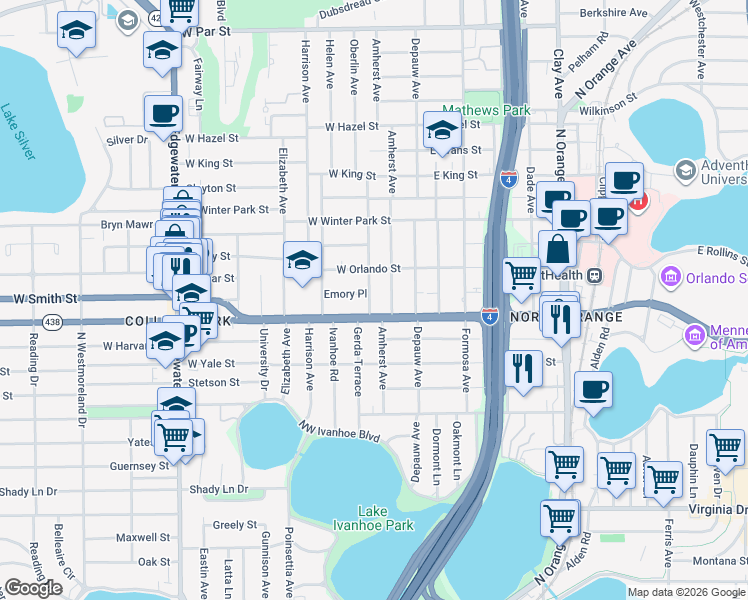 map of restaurants, bars, coffee shops, grocery stores, and more near 2215 Oberlin Avenue in Orlando