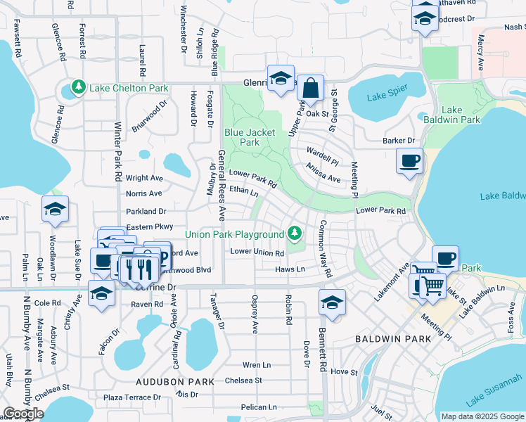 map of restaurants, bars, coffee shops, grocery stores, and more near 2245 Osprey Avenue in Orlando