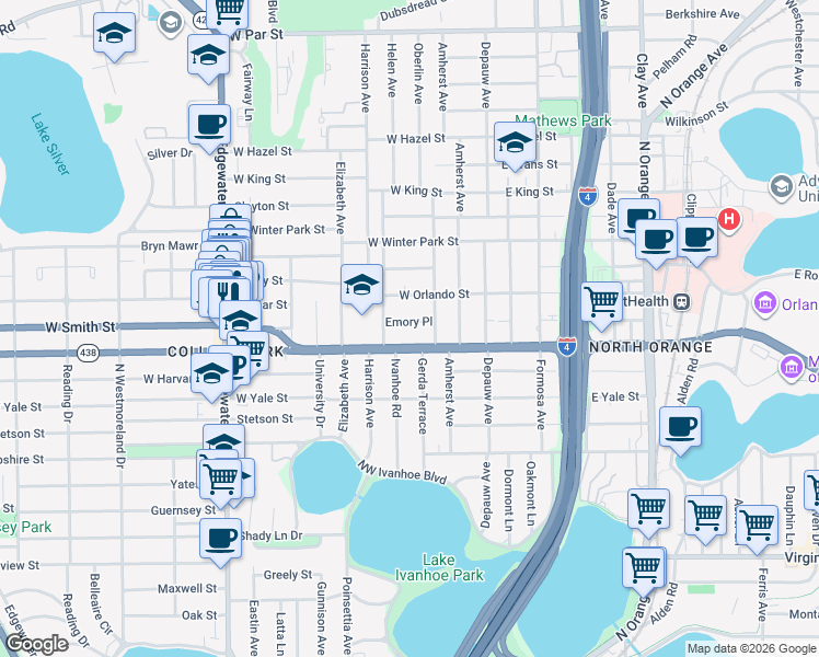 map of restaurants, bars, coffee shops, grocery stores, and more near 232 Emory Place in Orlando