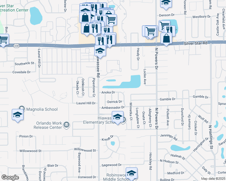map of restaurants, bars, coffee shops, grocery stores, and more near 6809 Anoka Drive in Orlando