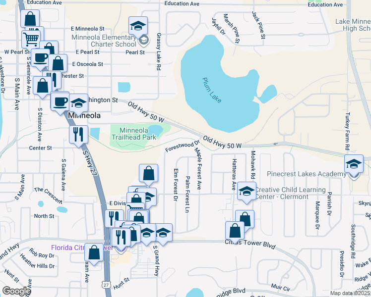 map of restaurants, bars, coffee shops, grocery stores, and more near 807 Forestwood Drive in Clermont