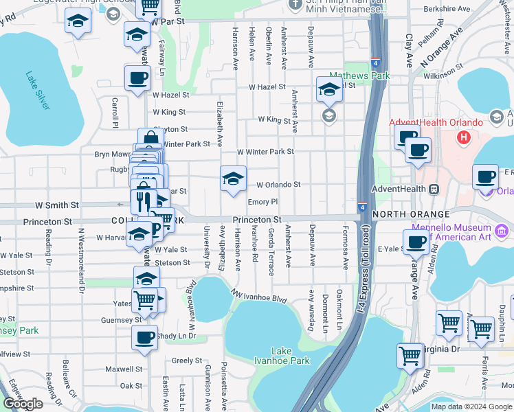 map of restaurants, bars, coffee shops, grocery stores, and more near 232 Emory Place in Orlando