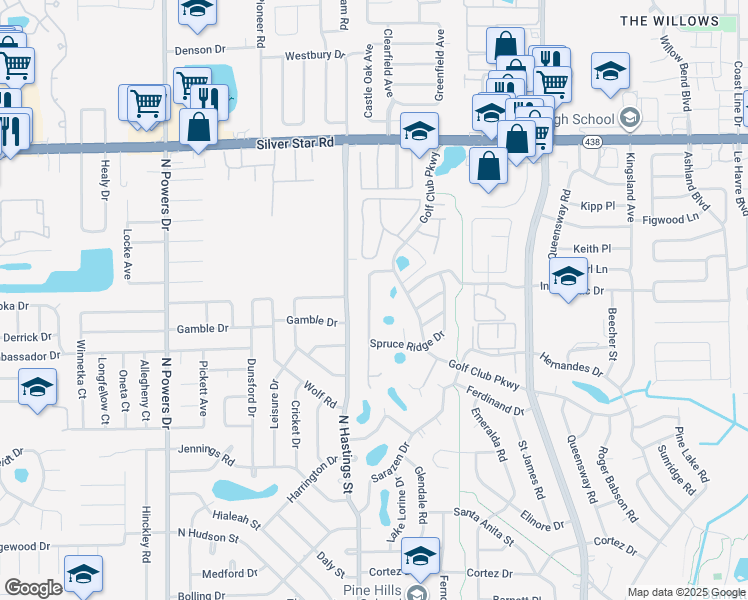 map of restaurants, bars, coffee shops, grocery stores, and more near 1541 Ridge Pointe Drive in Orlando