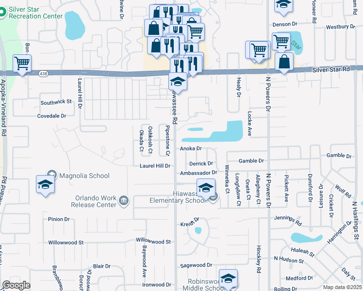 map of restaurants, bars, coffee shops, grocery stores, and more near 6917 Anoka Drive in Orlando