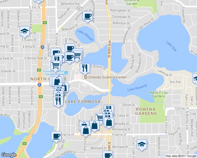 map of restaurants, bars, coffee shops, grocery stores, and more near 777 East Princeton Street in Orlando