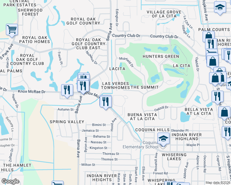 map of restaurants, bars, coffee shops, grocery stores, and more near 1406 Las Verdes Court in Titusville