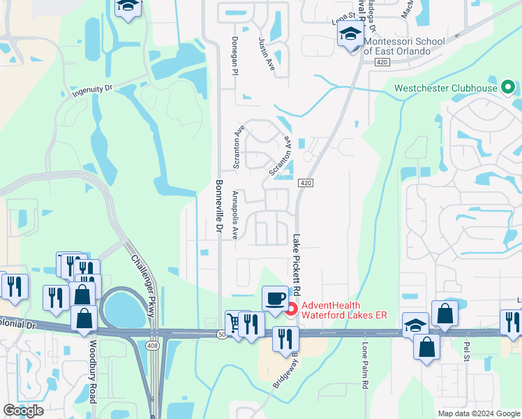 map of restaurants, bars, coffee shops, grocery stores, and more near 13693 Wesleyan Boulevard in Orlando