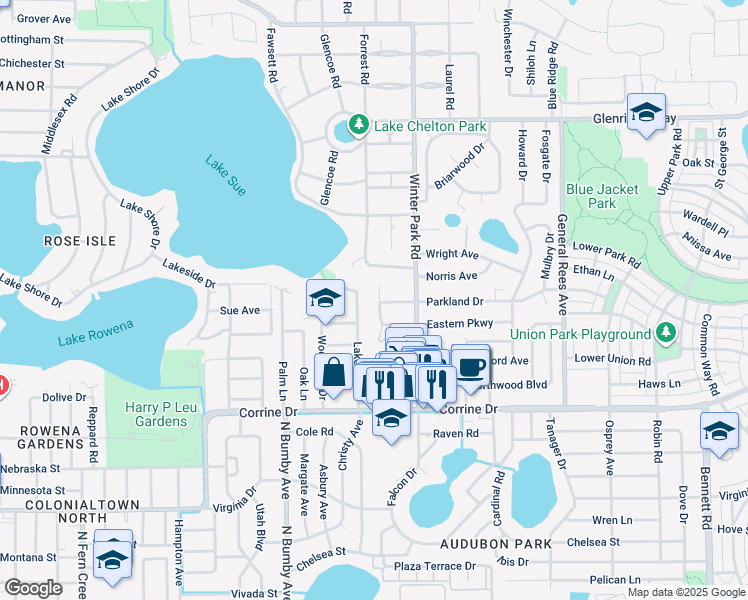 map of restaurants, bars, coffee shops, grocery stores, and more near 2300 Janice Avenue in Winter Park