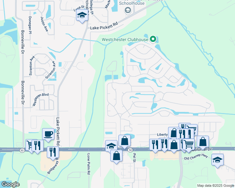 map of restaurants, bars, coffee shops, grocery stores, and more near 1875 Warwick Hills Drive in Orlando