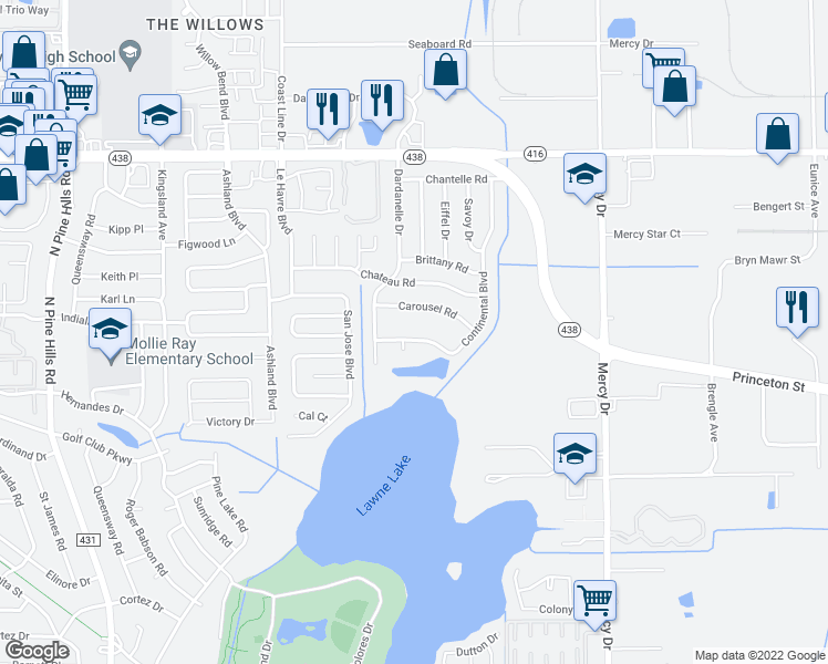 map of restaurants, bars, coffee shops, grocery stores, and more near 4313 Continental Boulevard in Orlando