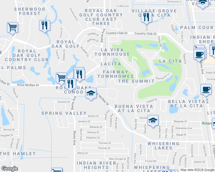 map of restaurants, bars, coffee shops, grocery stores, and more near 1404 Las Verdes Court in Titusville