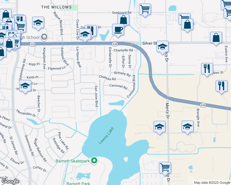 map of restaurants, bars, coffee shops, grocery stores, and more near 4313 Continental Boulevard in Orlando