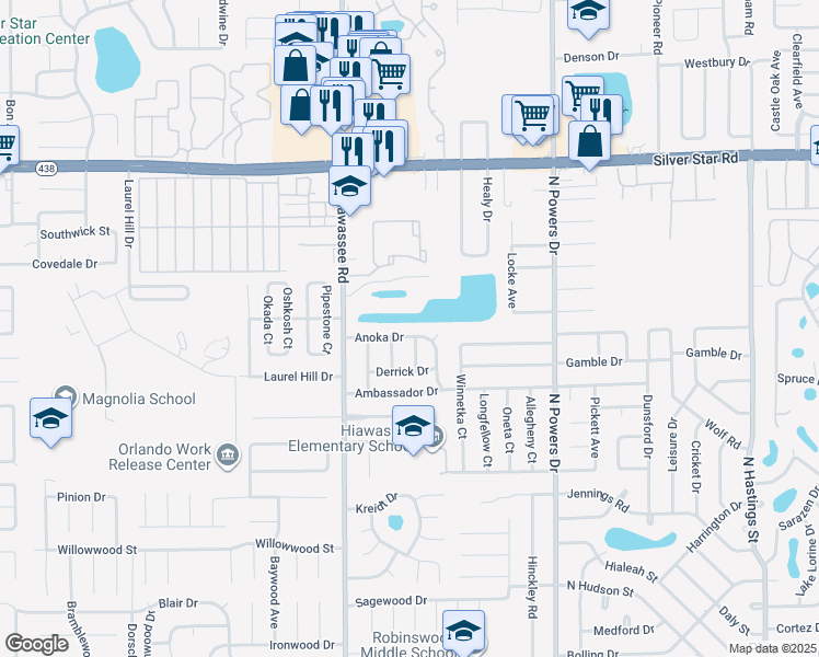 map of restaurants, bars, coffee shops, grocery stores, and more near 6809 Anoka Drive in Orlando