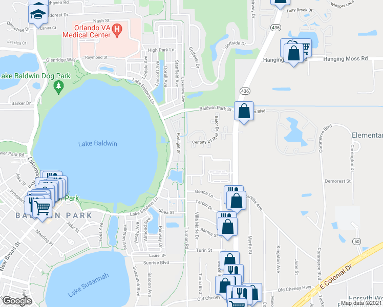 map of restaurants, bars, coffee shops, grocery stores, and more near 1955 Truman Road in Orlando