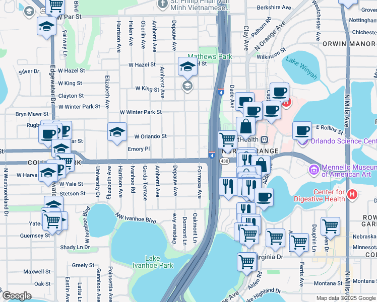 map of restaurants, bars, coffee shops, grocery stores, and more near 2219 Musselwhite Avenue in Orlando