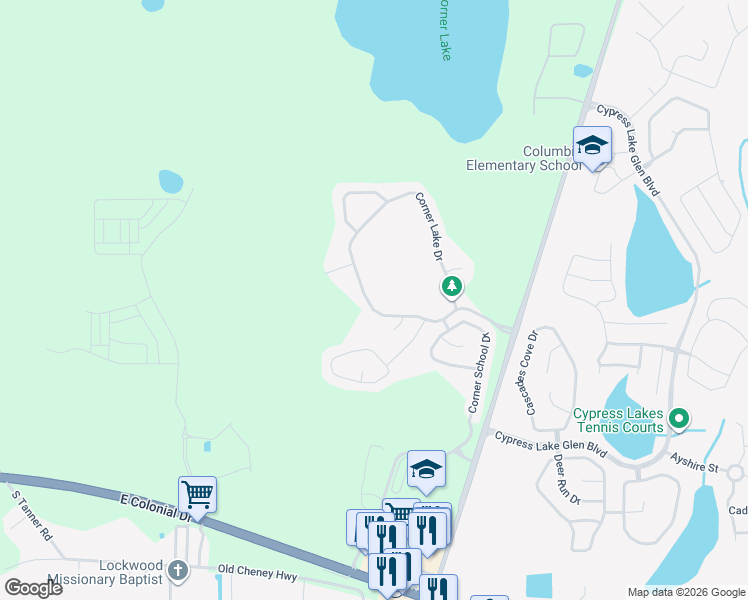 map of restaurants, bars, coffee shops, grocery stores, and more near 16675 Corner Lake Drive in Orlando