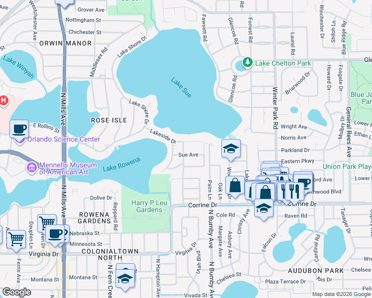 map of restaurants, bars, coffee shops, grocery stores, and more near 2209 Merritt Park Drive in Orlando