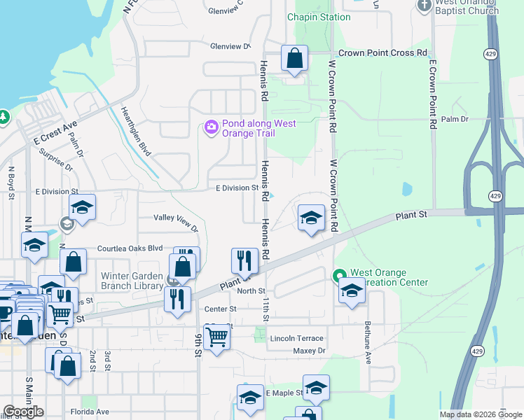 map of restaurants, bars, coffee shops, grocery stores, and more near 210 Hennis Road in Winter Garden