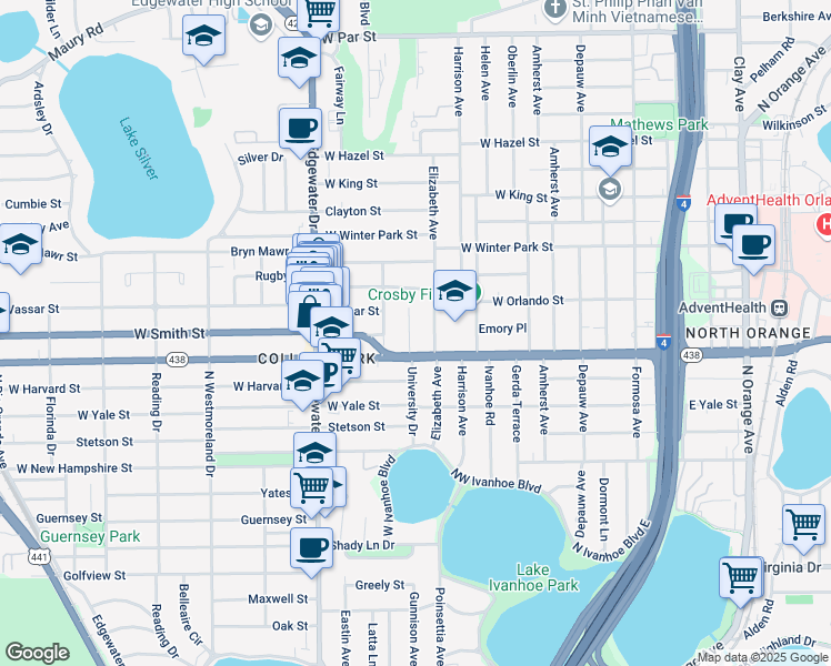 map of restaurants, bars, coffee shops, grocery stores, and more near 2221 Princeton Court in Orlando