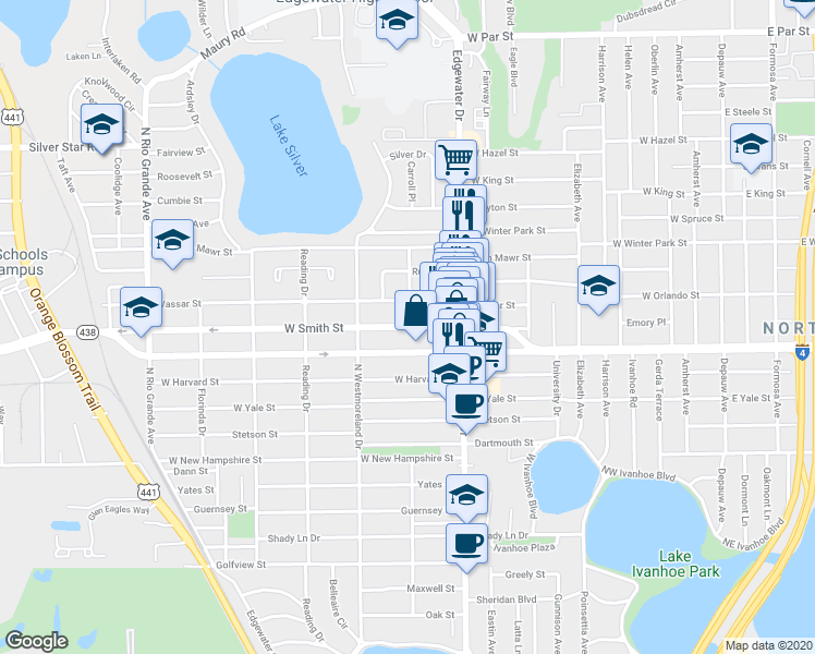 map of restaurants, bars, coffee shops, grocery stores, and more near 816 West Smith Street in Orlando