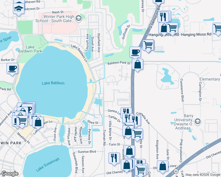 map of restaurants, bars, coffee shops, grocery stores, and more near 5489 Decatur Street in Orlando