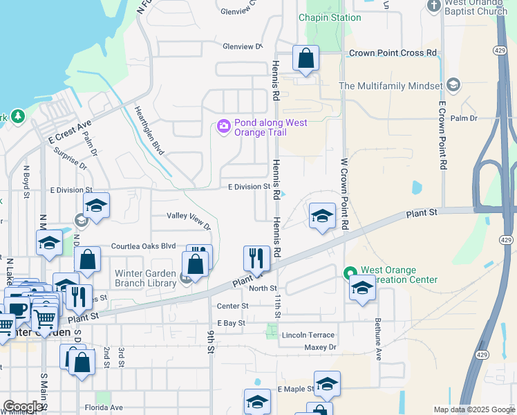 map of restaurants, bars, coffee shops, grocery stores, and more near 207 Jean Street in Winter Garden