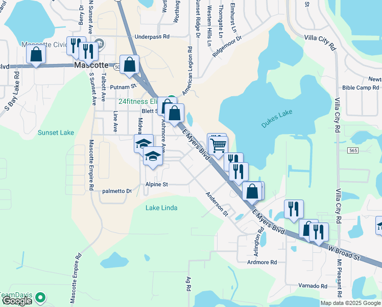 map of restaurants, bars, coffee shops, grocery stores, and more near 737 Albrook Street in Mascotte
