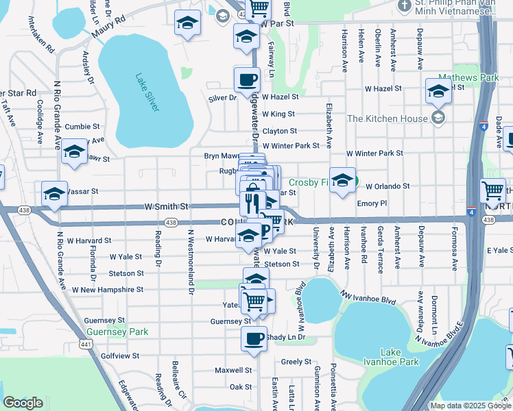 map of restaurants, bars, coffee shops, grocery stores, and more near Edgewater Dr & W Smith St in Orlando