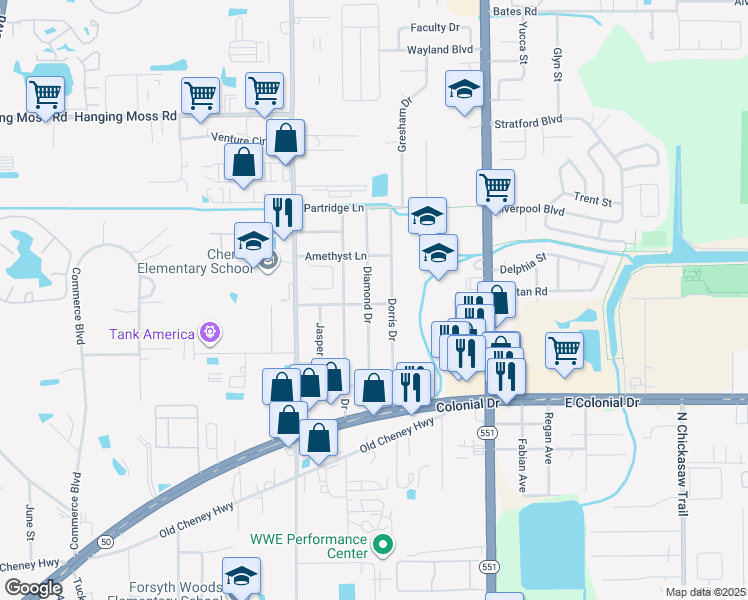 map of restaurants, bars, coffee shops, grocery stores, and more near 7219 Dominion Avenue in Orlando
