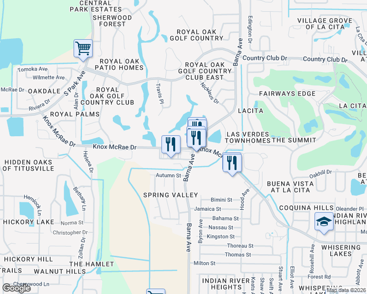 map of restaurants, bars, coffee shops, grocery stores, and more near 1900 Knox McRae Drive in Titusville