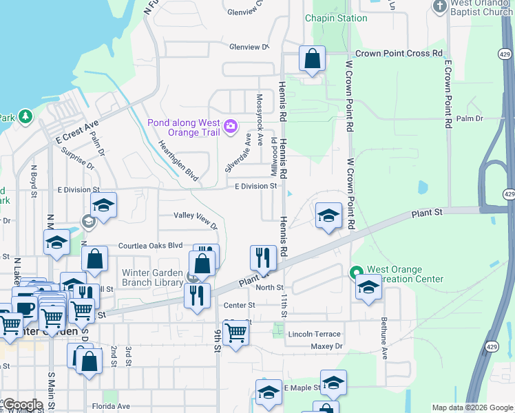 map of restaurants, bars, coffee shops, grocery stores, and more near 216 Jean Street in Winter Garden
