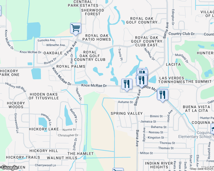 map of restaurants, bars, coffee shops, grocery stores, and more near 2180 Knox McRae Drive in Titusville