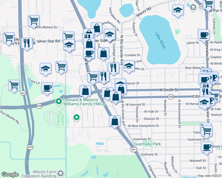 map of restaurants, bars, coffee shops, grocery stores, and more near 1601 West Princeton Street in Orlando
