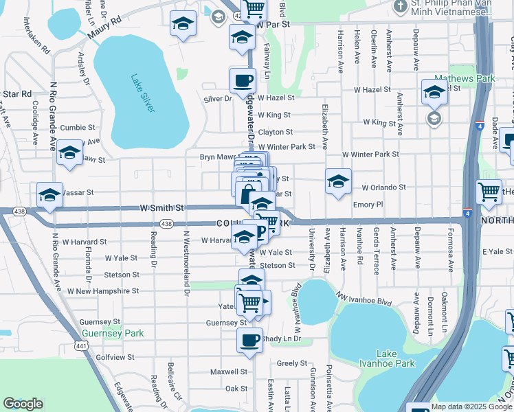 map of restaurants, bars, coffee shops, grocery stores, and more near 2305 Edgewater Drive in Orlando