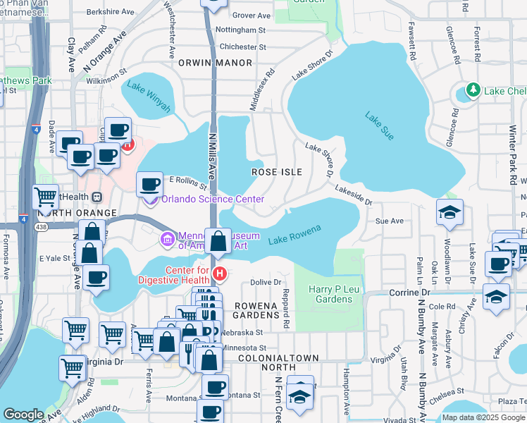 map of restaurants, bars, coffee shops, grocery stores, and more near 1501 Lake Shore Drive in Orlando