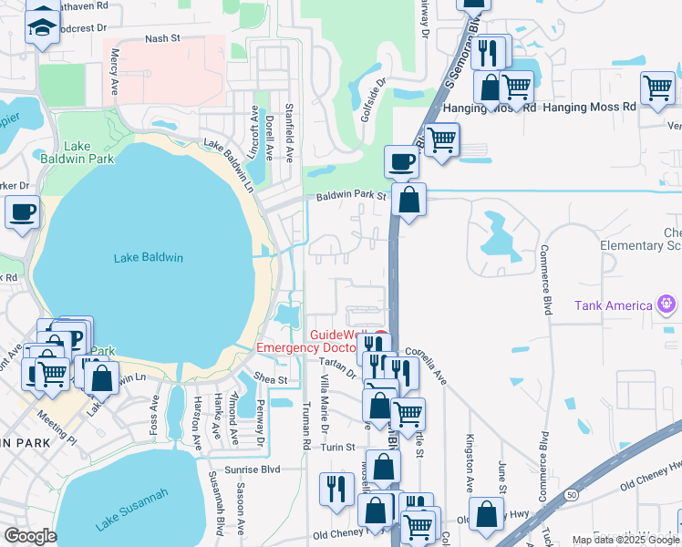 map of restaurants, bars, coffee shops, grocery stores, and more near 5489 Decatur Street in Orlando